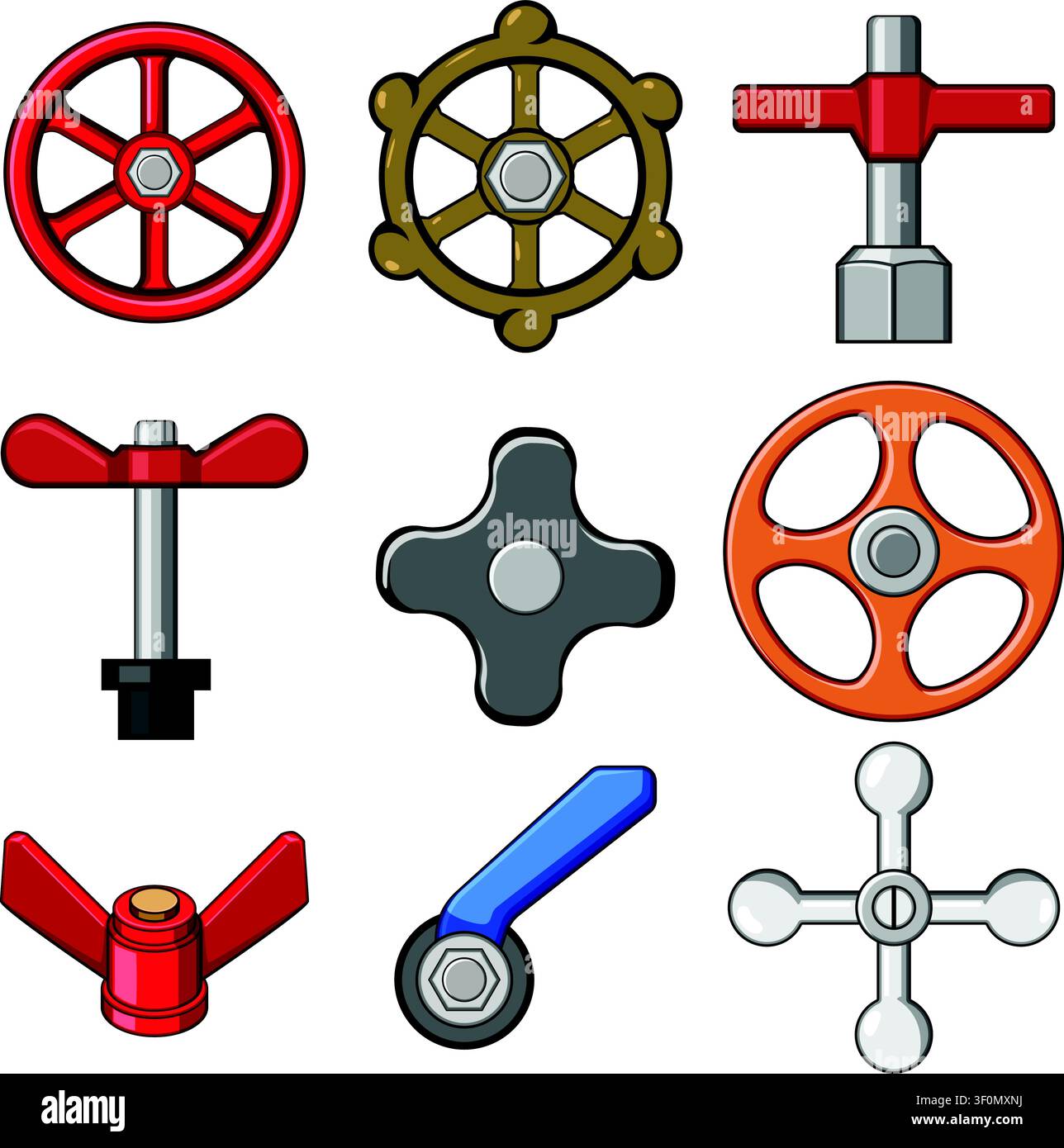 Various valve handles and knobs set illustration Stock Vector