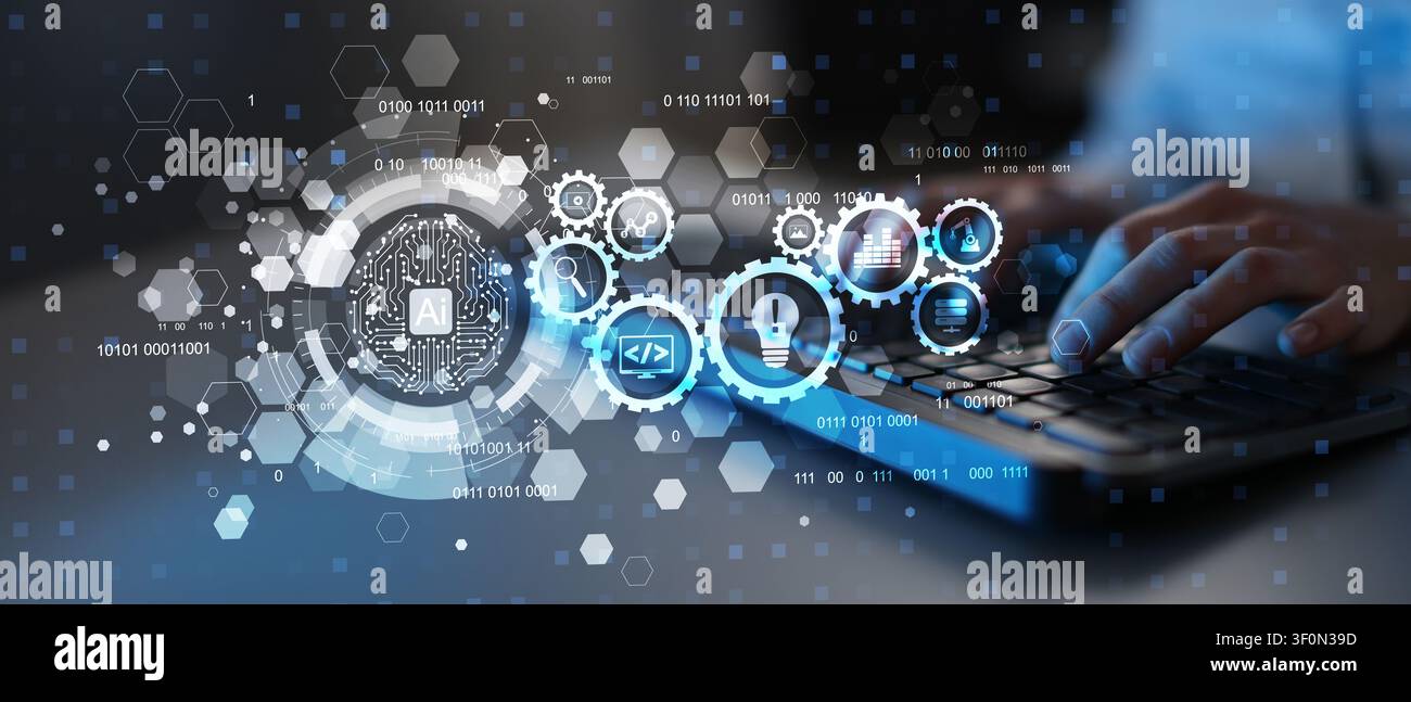 AI artificial intelligence platform for business process automation with workflow icons and typing interaction Stock Photo