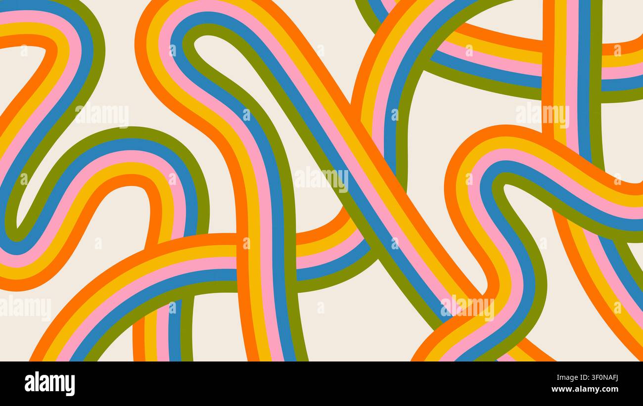 Colorful retro 70s pattern with wavy rainbow stripes. Trendy naive cartoon background Stock Vector