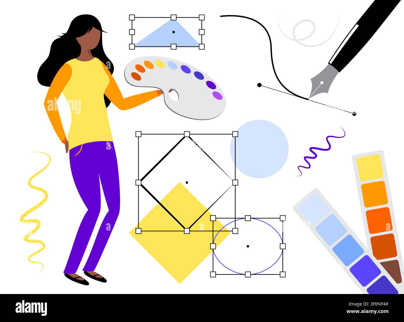 Graphic Designer Working with Color Palette and Vector Geometry Tools - vector illustration Stock Vector