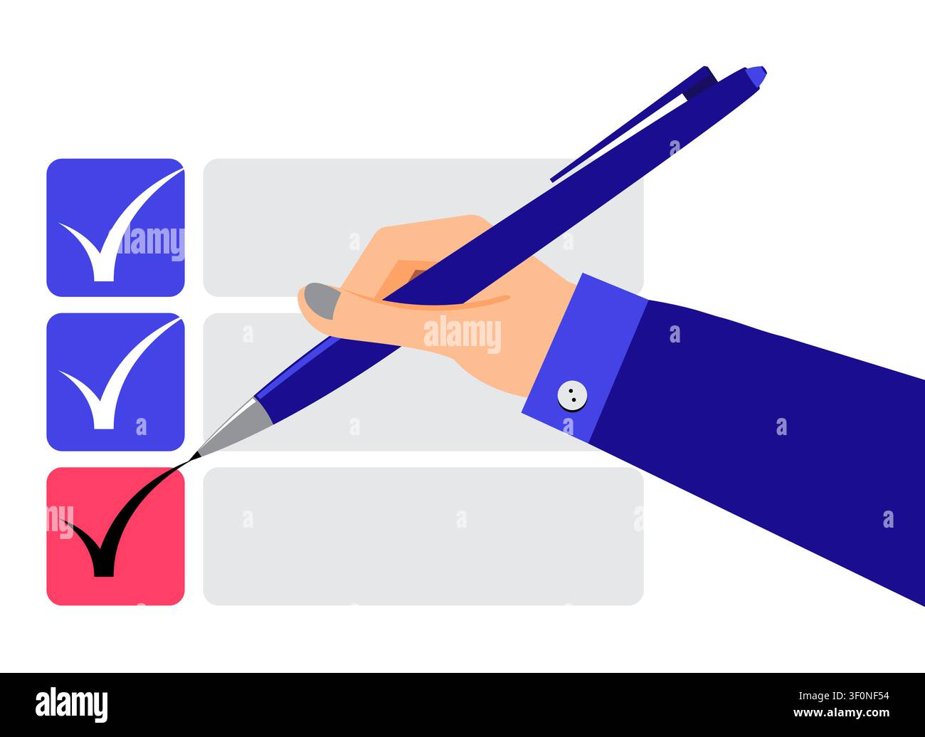 Hand Marking Completed Tasks with Tick on Checklist Form - vector illustration Stock Vector