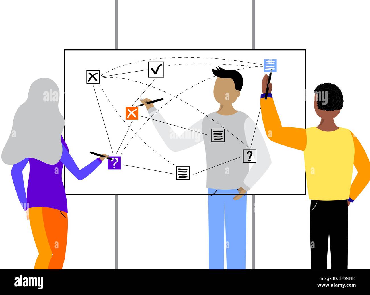 Agile Team Mapping Complex Network Connections on Whiteboard Canvas - vector illustration Stock Vector