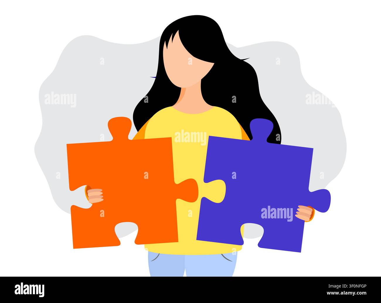 Woman Assembling and Fitting Missing Puzzle Pieces Together - vector illustration Stock Vector