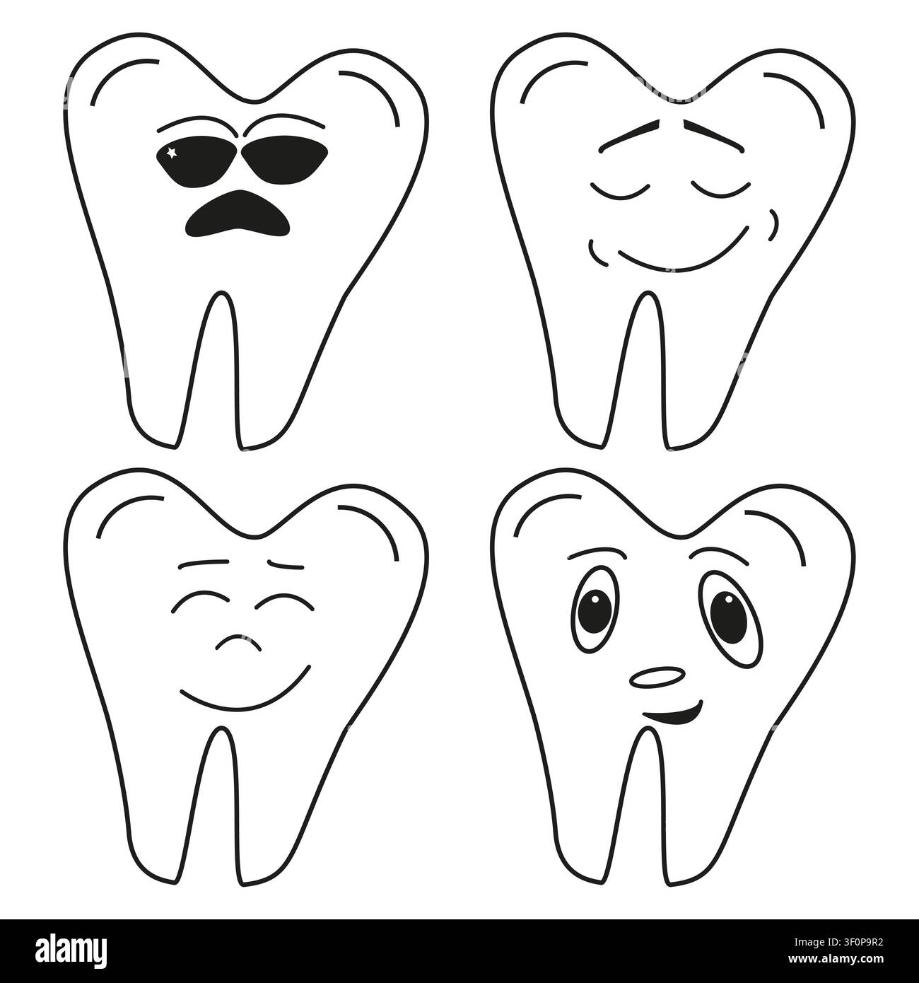Cool and funny tooth mascots set. Happy dental emoji collection. Vector cartoon characters Stock Vector
