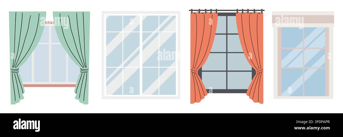 Soft green and orange curtains frame windows. Stock Vector