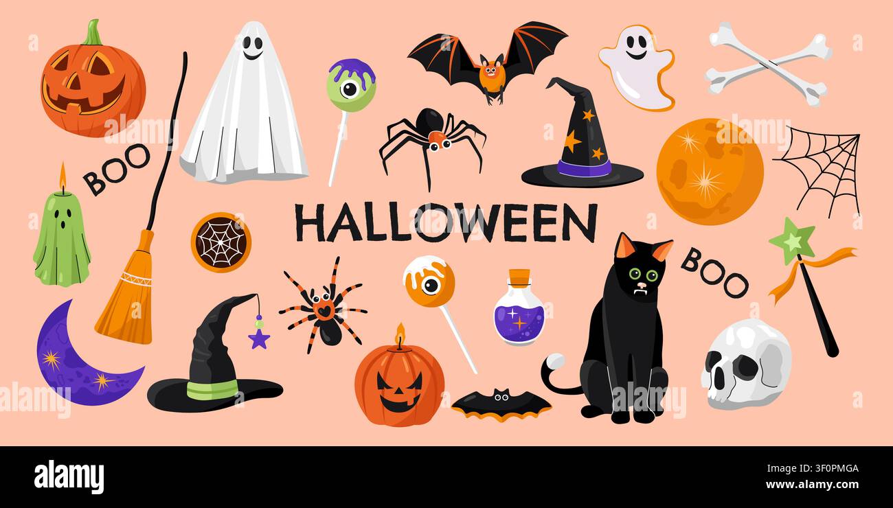 Cute vector Halloween icons mega set flat illustrations spooky characters and elements Stock Vector