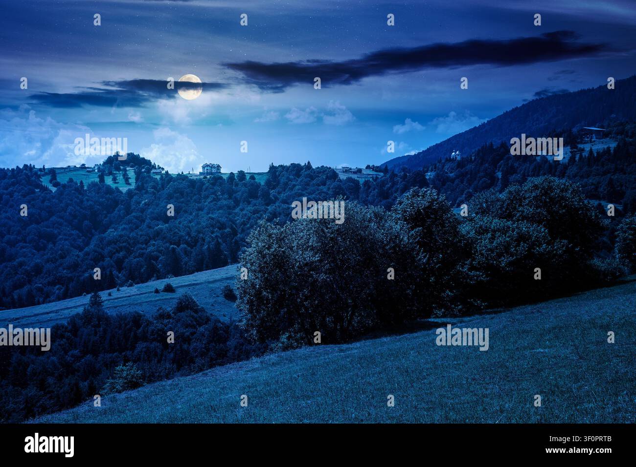 countryside mountain landscape of ukraine at night. full moon over rural fields and forested hills. mysterious place of mizhhirya district in transcar Stock Photo