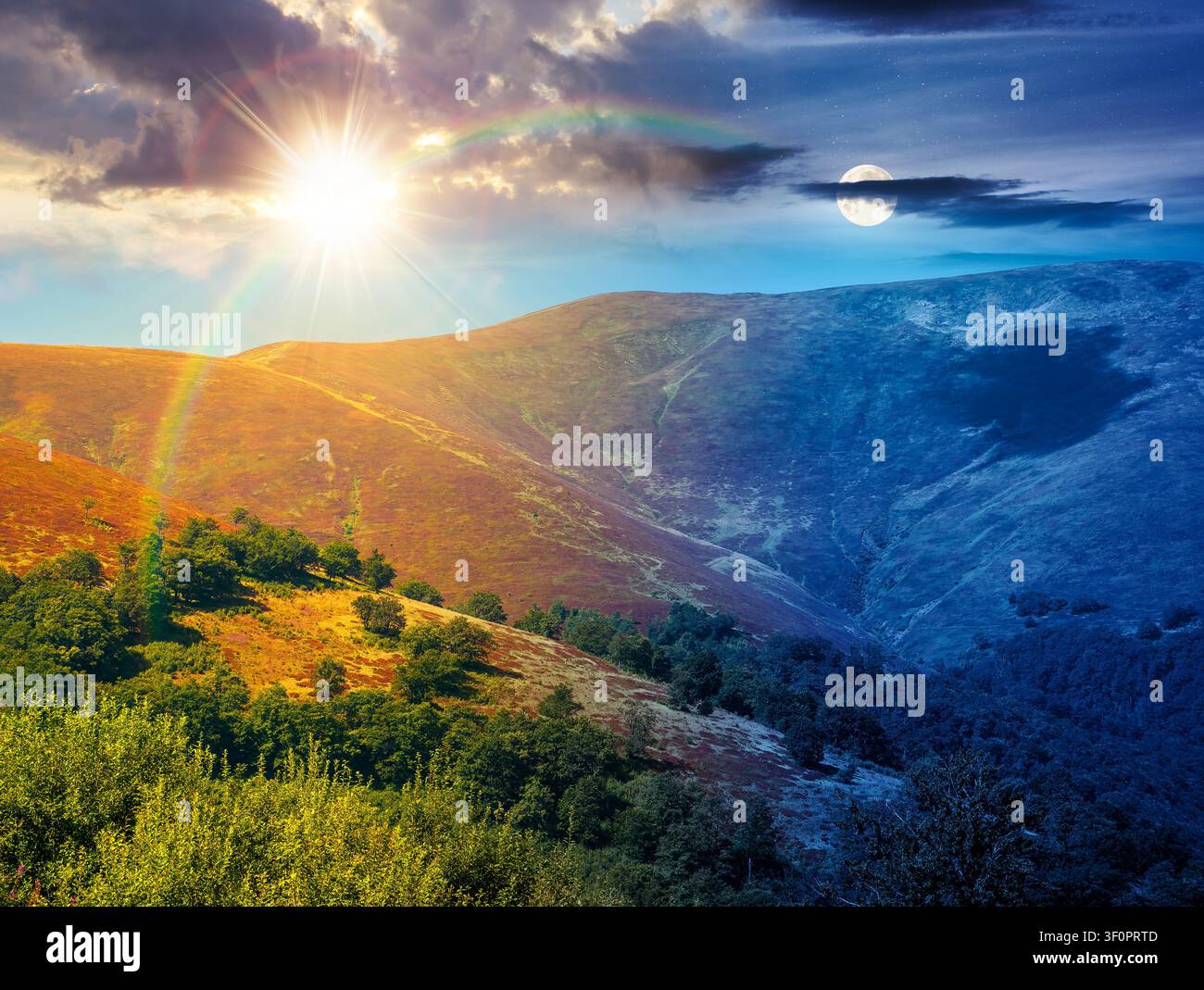 carpathian mountain landscape. travel ukraine on summer solstice. slopes mountain ridge in august at twilight. wonderful carpathian adventure with sun Stock Photo