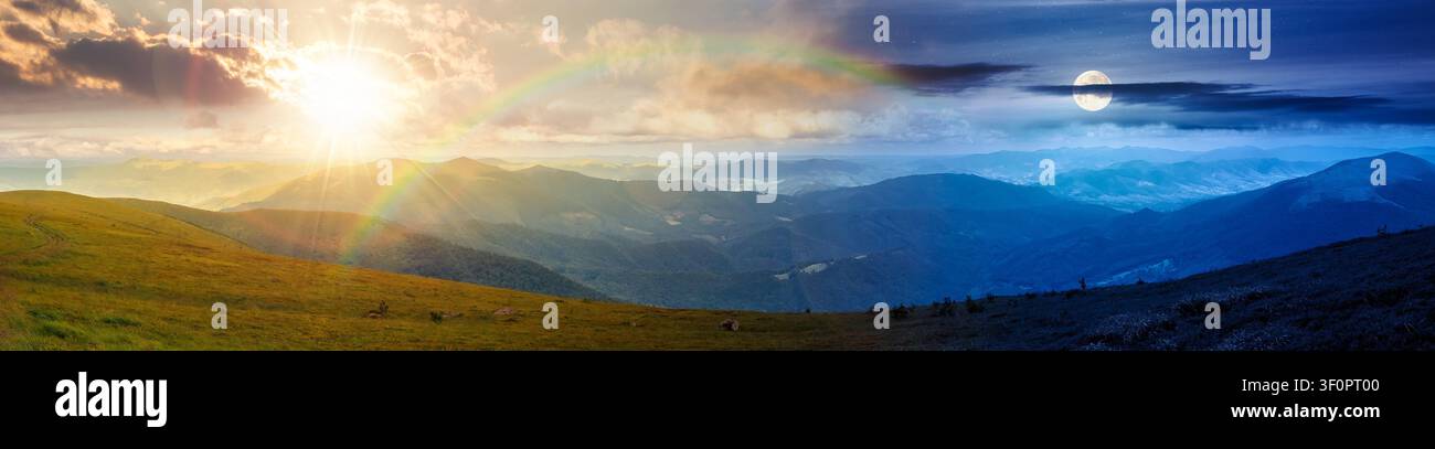 panorama of mountainous landscape. day meet night. wide view of cloudy sky with sun and moon in harmony over the grassy slope of a mountain ridge. epi Stock Photo