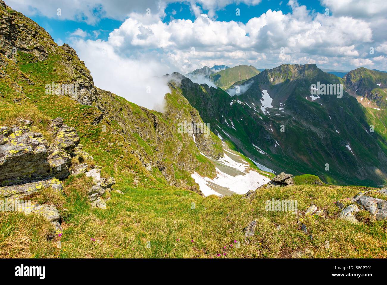 romania mountain landscape in summer. travel background of alpine scenery in fagaras mountain ridge. european summer outdoor adventures Stock Photo