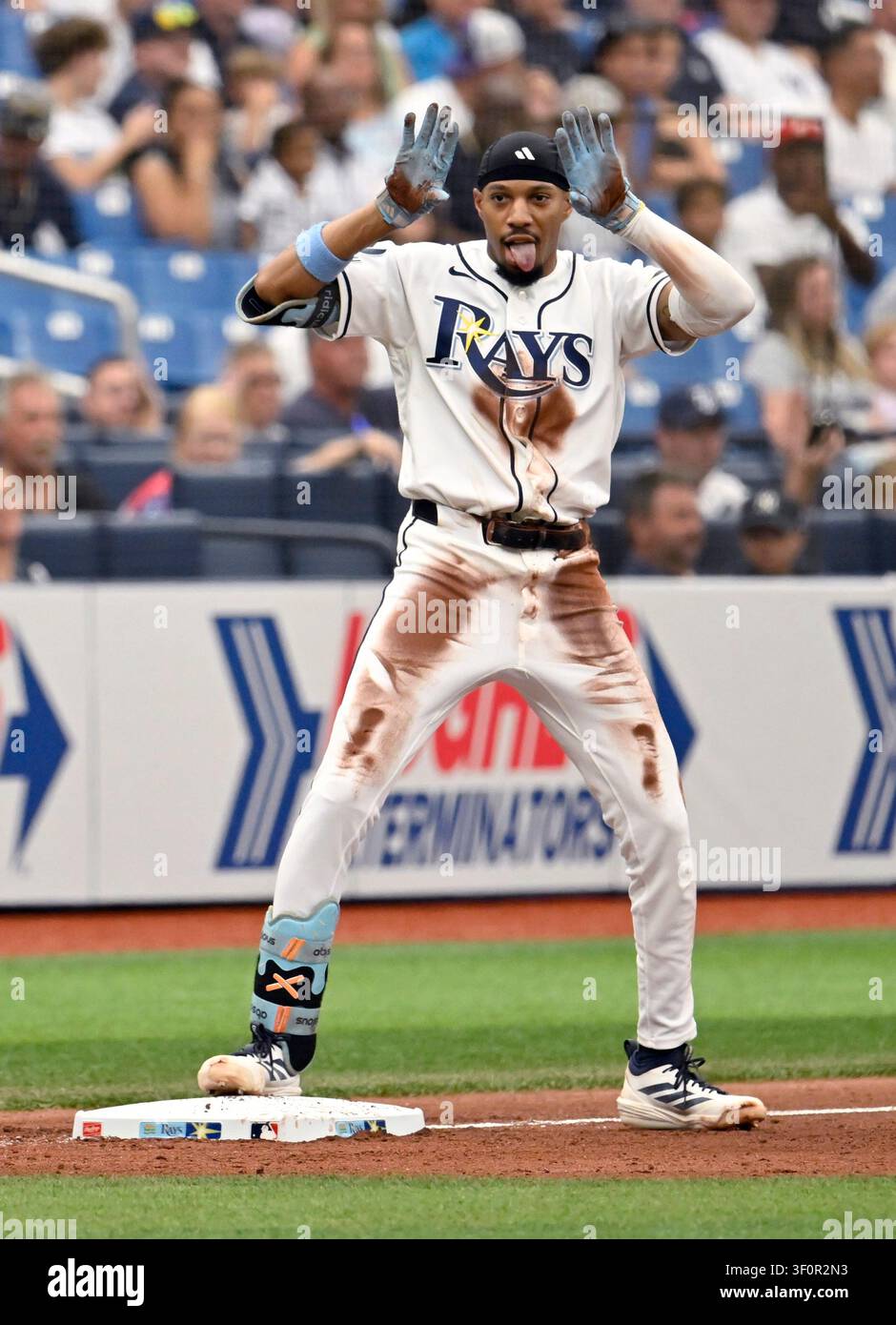 Tampa Bay Rays' Chandler Simpson celebrates after his triple during the ...