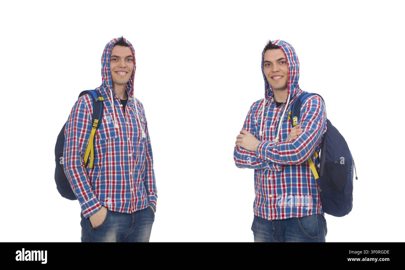 Smiling caucasian student with backpack isolated on white Stock Photo