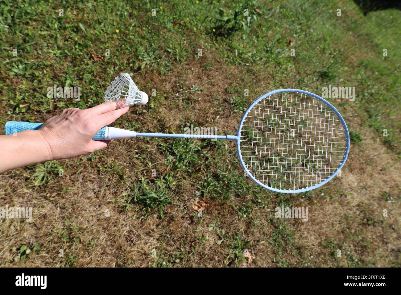 Hand Holding Badminton Racket And Shuttlecock Stock Photo