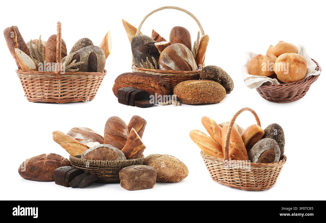Bread in wicker baskets isolated on white, set Stock Photo