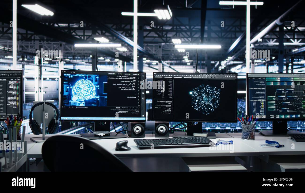 Server room computer screens tracking mainframes processing large scale machine learning datasets for AI operations, while computer displays tracking equipment used in AI model development. Stock Photo