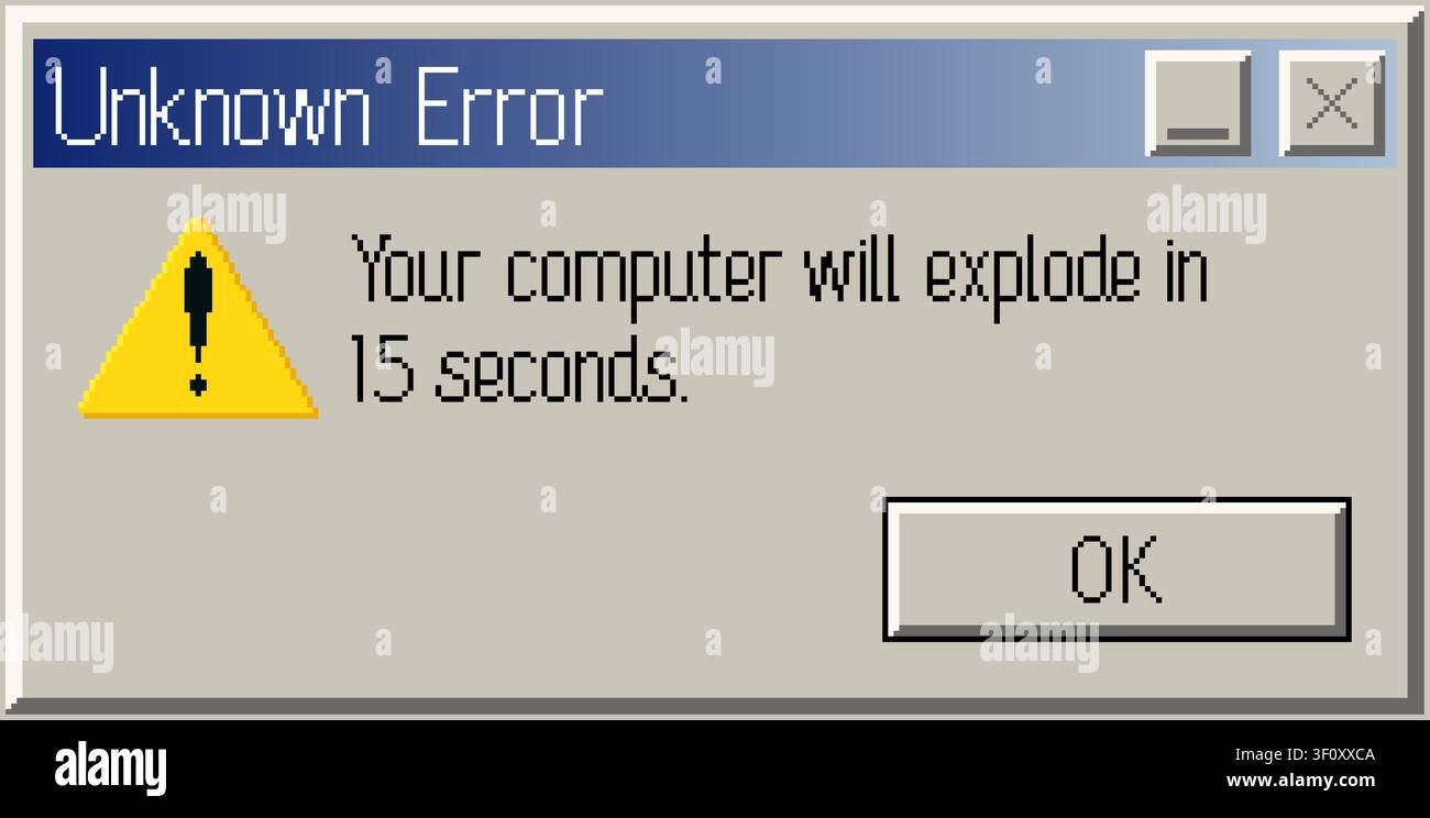 Retro pixel unknown error warning with humorous message Stock Vector