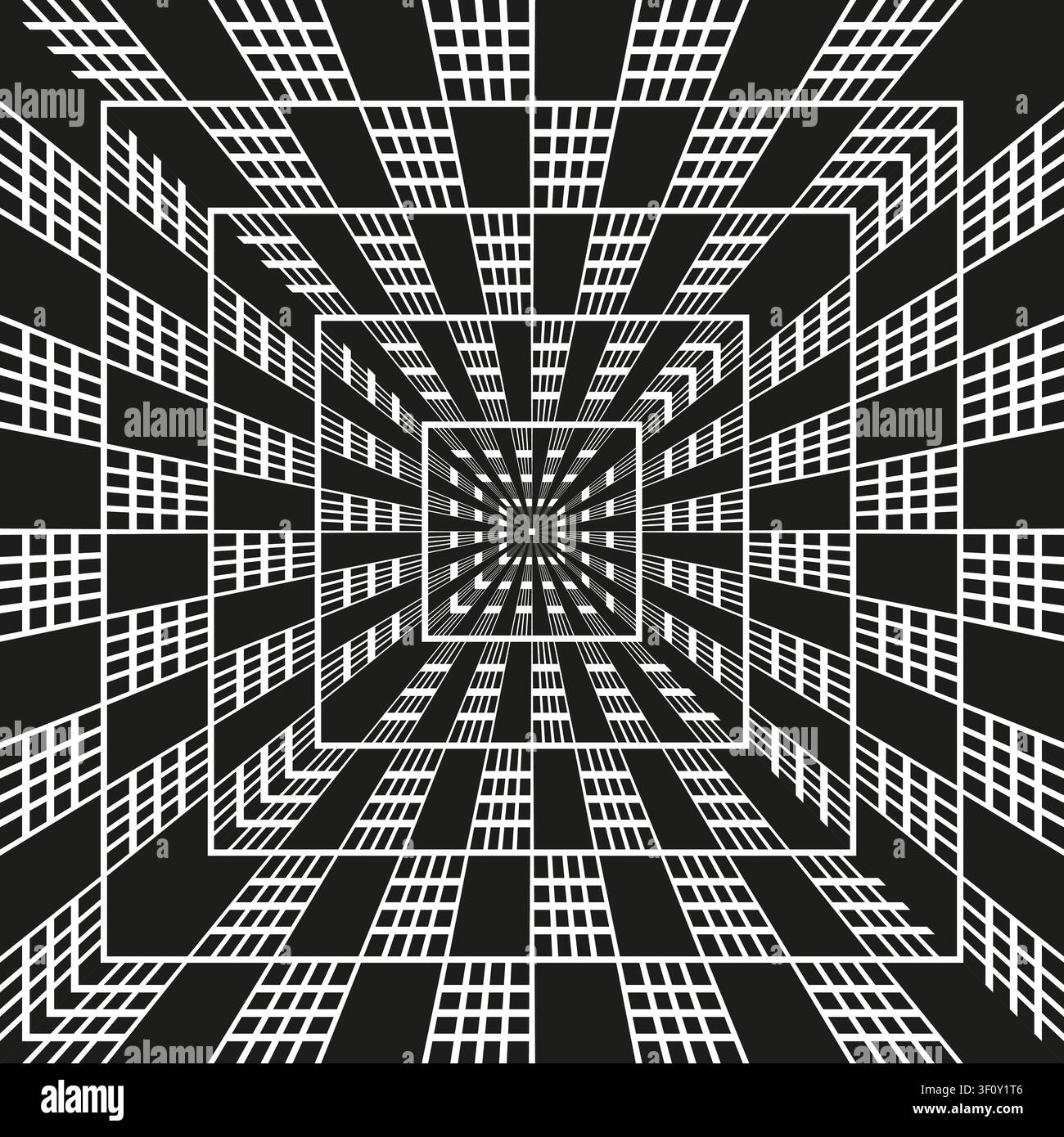 Square tunnel optical illusion feature black vector pattern. This deep checkered geometry complements hypnotic backdrops. eps 10 Stock Vector