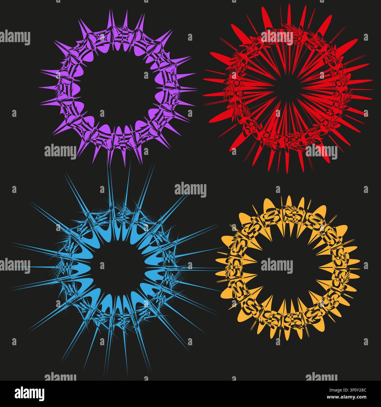 Sharp star burst feature colorful vector collection. This abstract geometric sun visualizes hypnotic art backgrounds. Stock Vector
