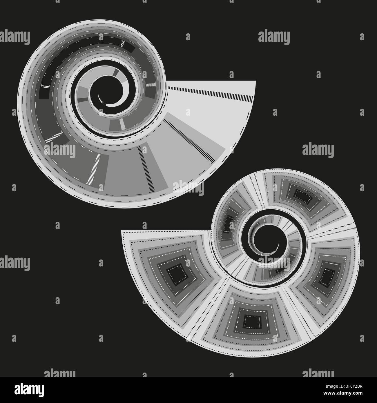 Spiral shell spin curve feature grey vector collection. This geometric segmented rotation complements abstract modern textures. Stock Vector