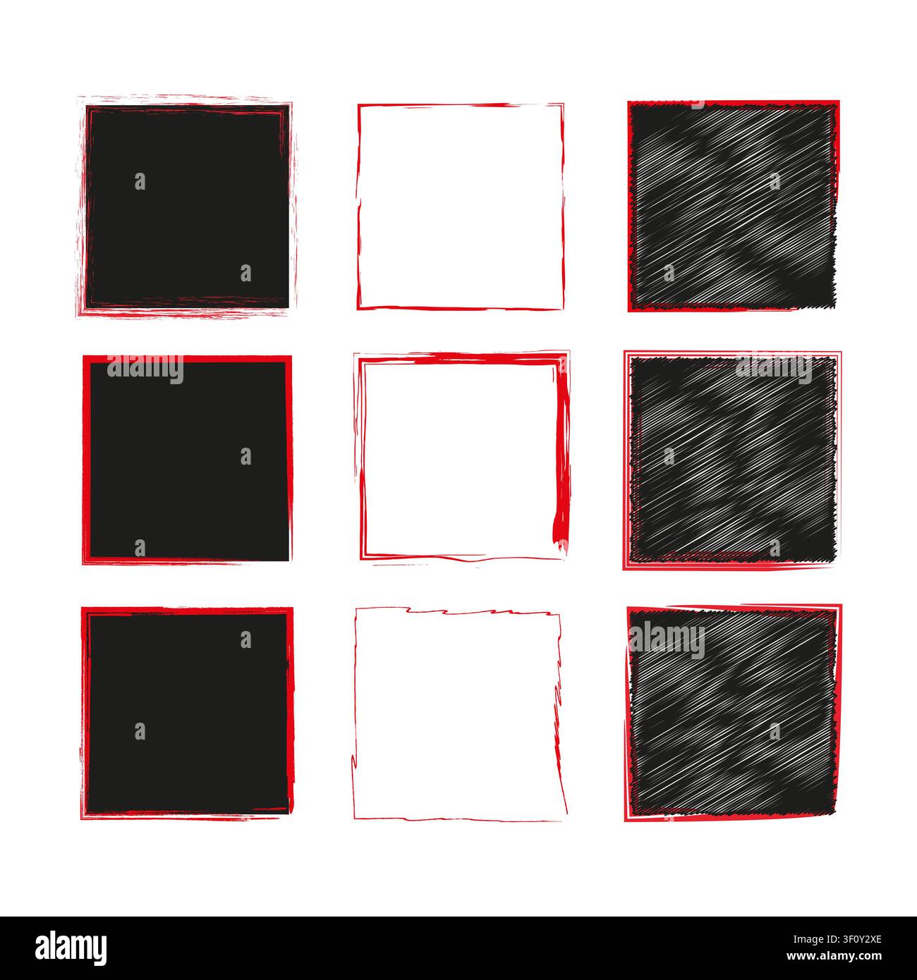 Abstract drawn square feature black vector set. This chaotic scribble shape enhances modern art backgrounds. Stock Vector