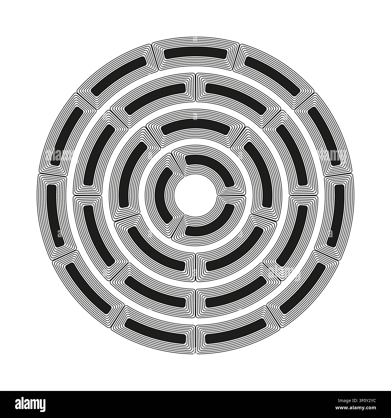 Concentric circle maze feature black vector pattern. This geometric segmented labyrinth represents simple tech layouts. Stock Vector