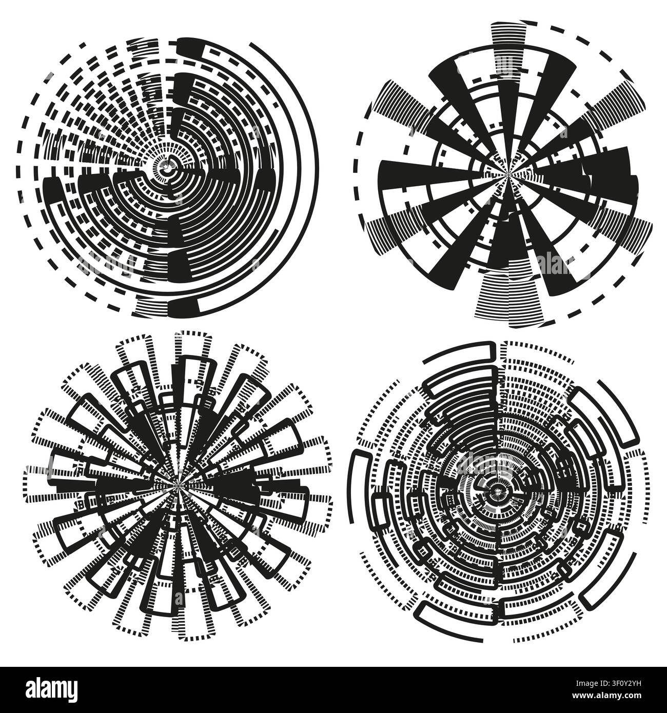Circular radar interface feature black vector collection. This abstract geometric hud enhances modern tech backgrounds. Stock Vector