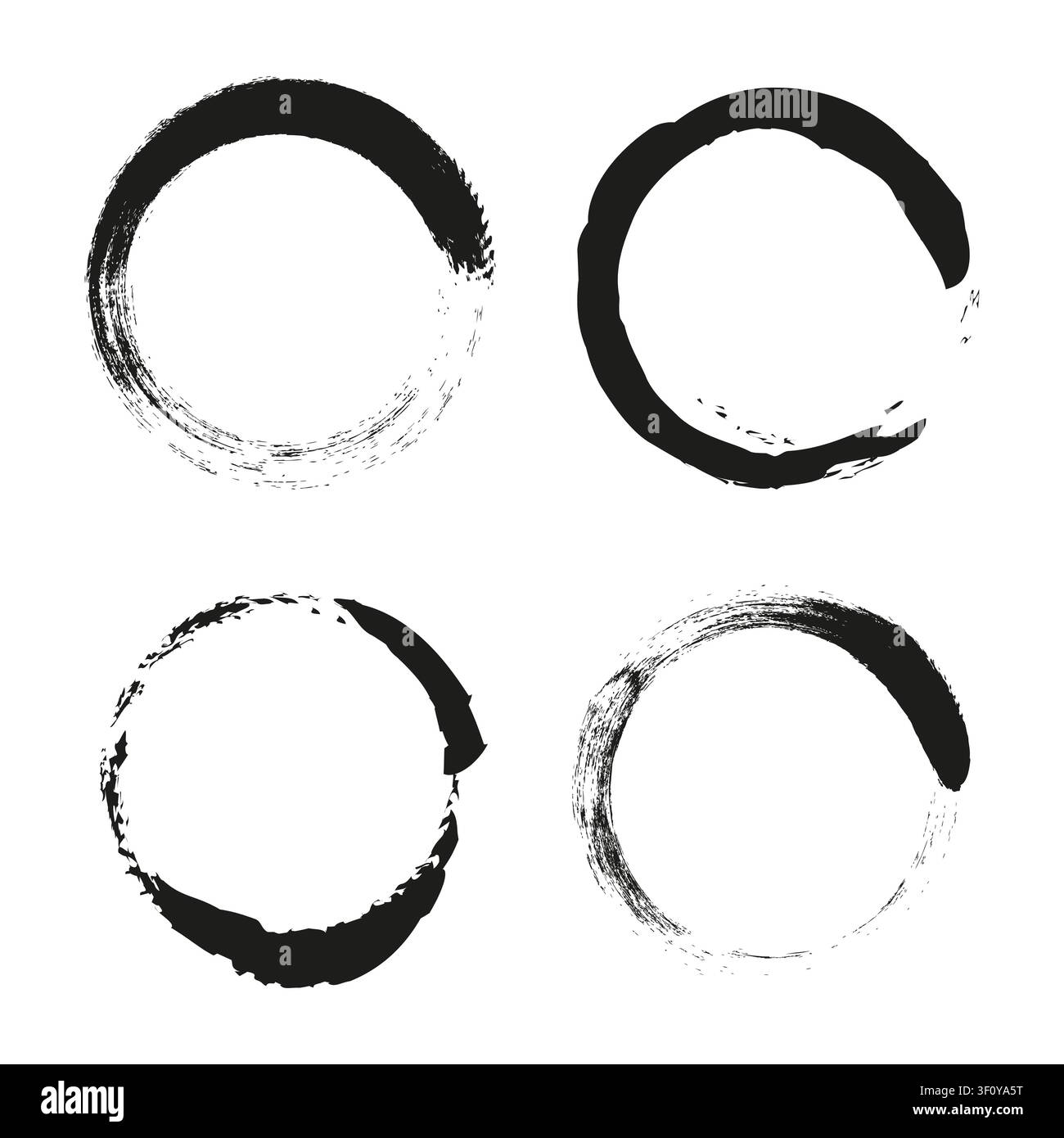 Circle ring brush set black vector shape features rough lines. The ink smear collection visualizes artistic abstract frames. Stock Vector