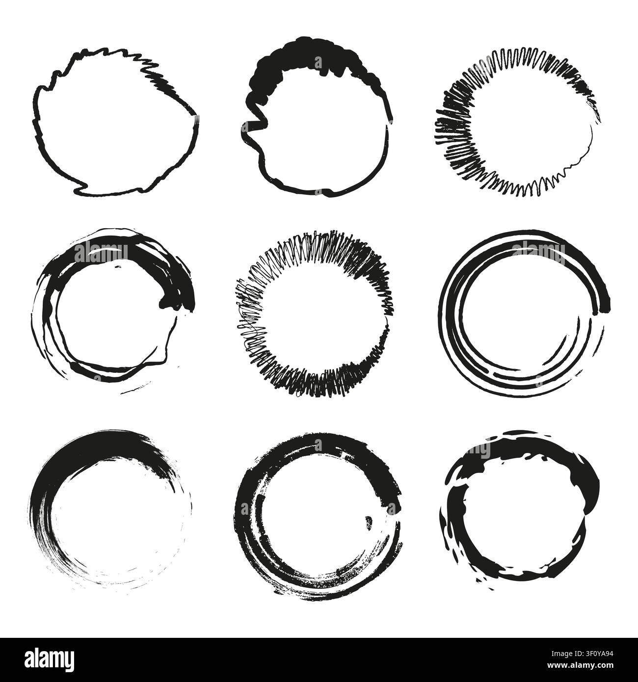 Circle ring brush set black vector shape features rough lines. The ink smear collection visualizes artistic frames. Stock Vector