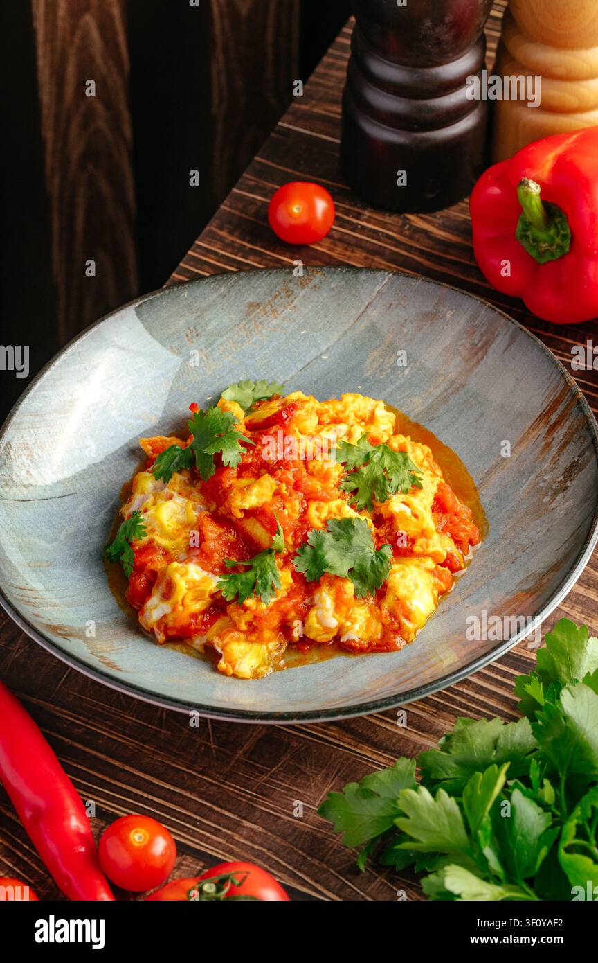 Savory scrambled eggs with tomato on a rustic table Stock Photo