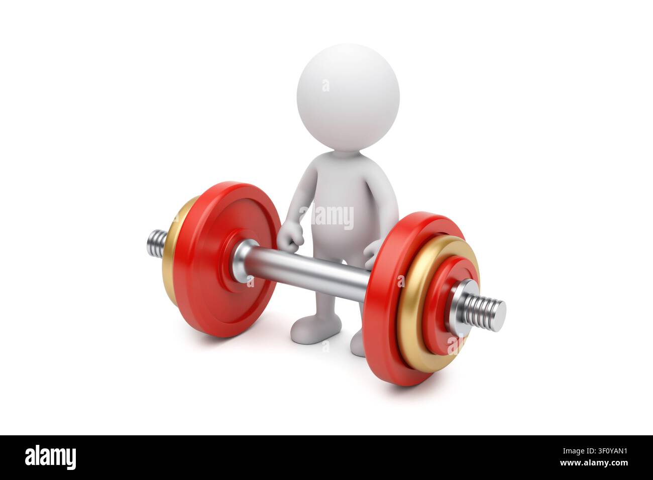 3d rendering of a white 3d character standing next to a barbell with red and gold plates, isolated on white background. Stock Photo