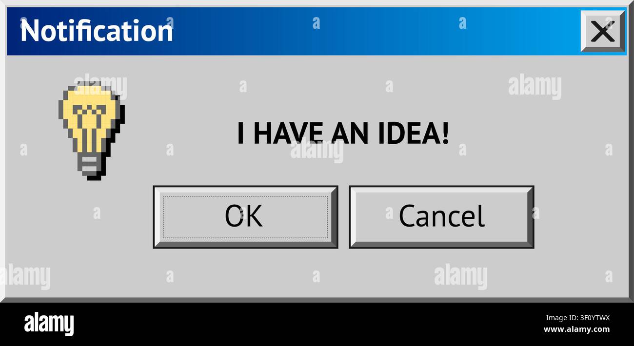 Retro computer notification popup window showing lightbulb idea message with ok button Stock Vector