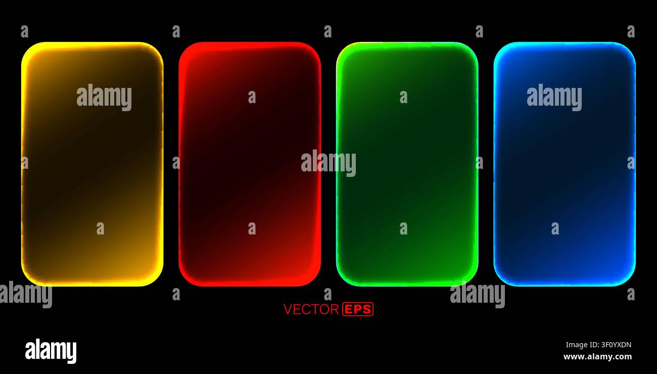 Collection of four vibrant neon-style glowing frames on a dark background. Vector illustration Stock Vector