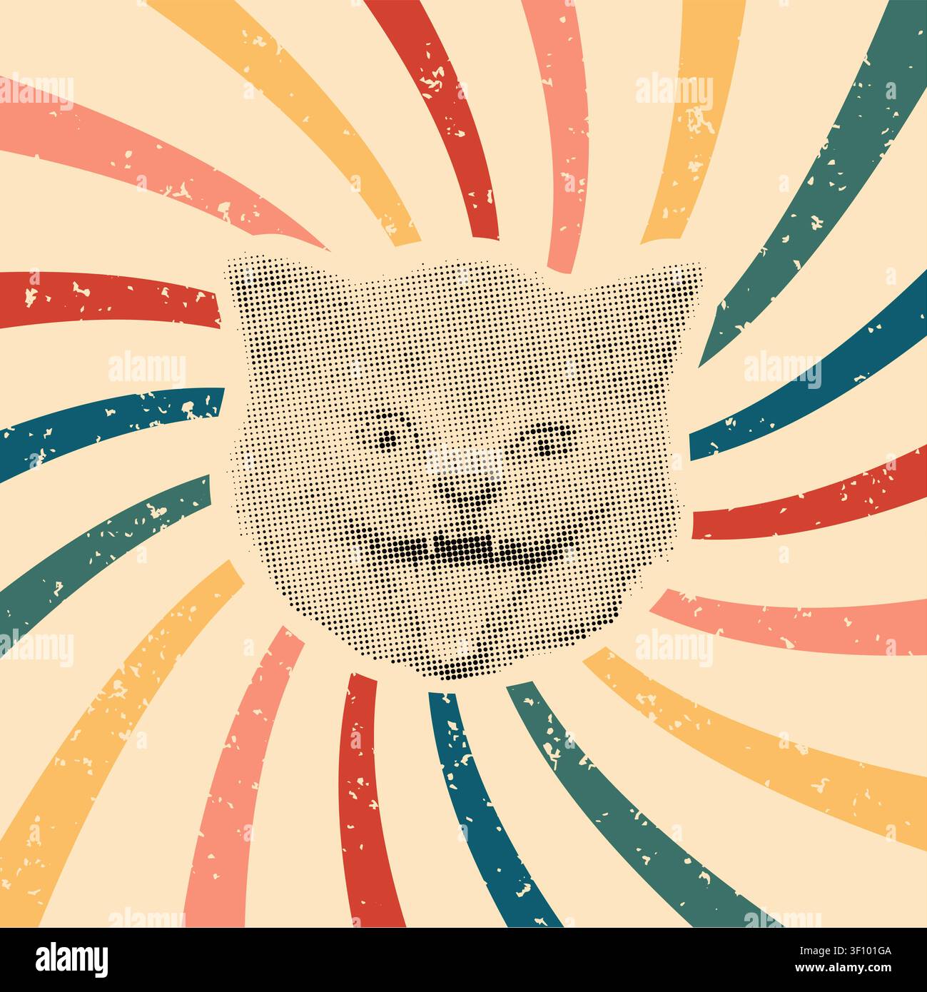 Halftone Cat Head Groovy Grunge Texture Background Stock Vector