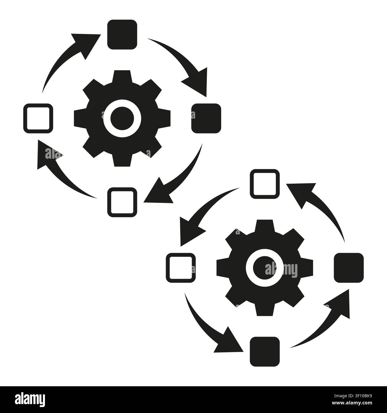 Data process cycle collection features black vector set. Geometric block gear symbols enhance tech sync projects. eps 10 Stock Vector