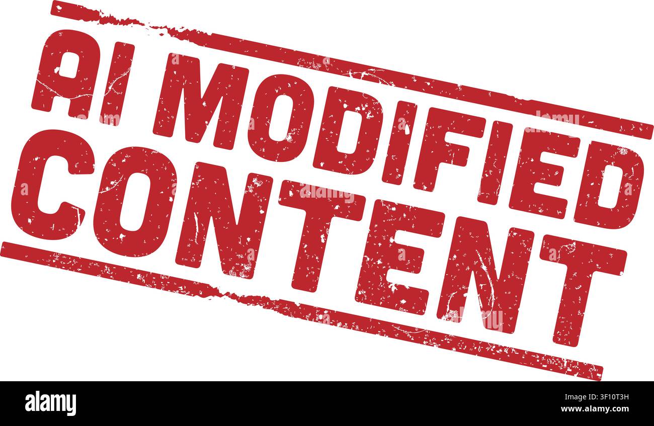 red rectangular grunge rubber stamp with text AI MODIFIED CONTENT, ai generated content warning Stock Vector