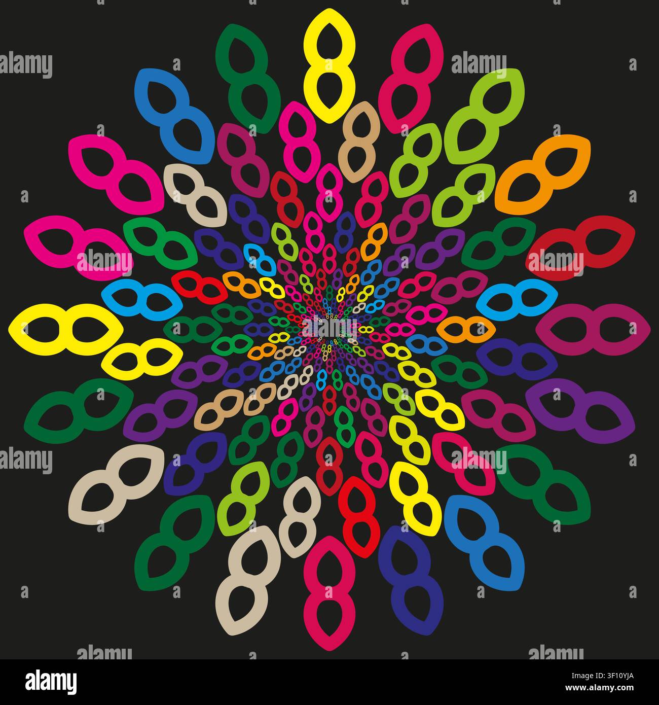 Colorful infinity mandala features dark vector background. Geometric abstract spirograph texture enhances creative neon projects. eps 10 Stock Vector