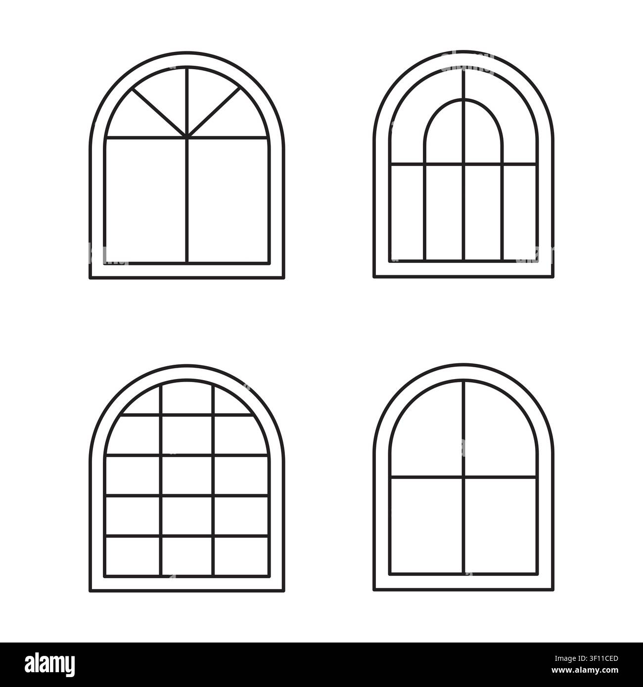 Arched window frame collection features linear vector set. Enhances classic building architecture projects. Stock Vector