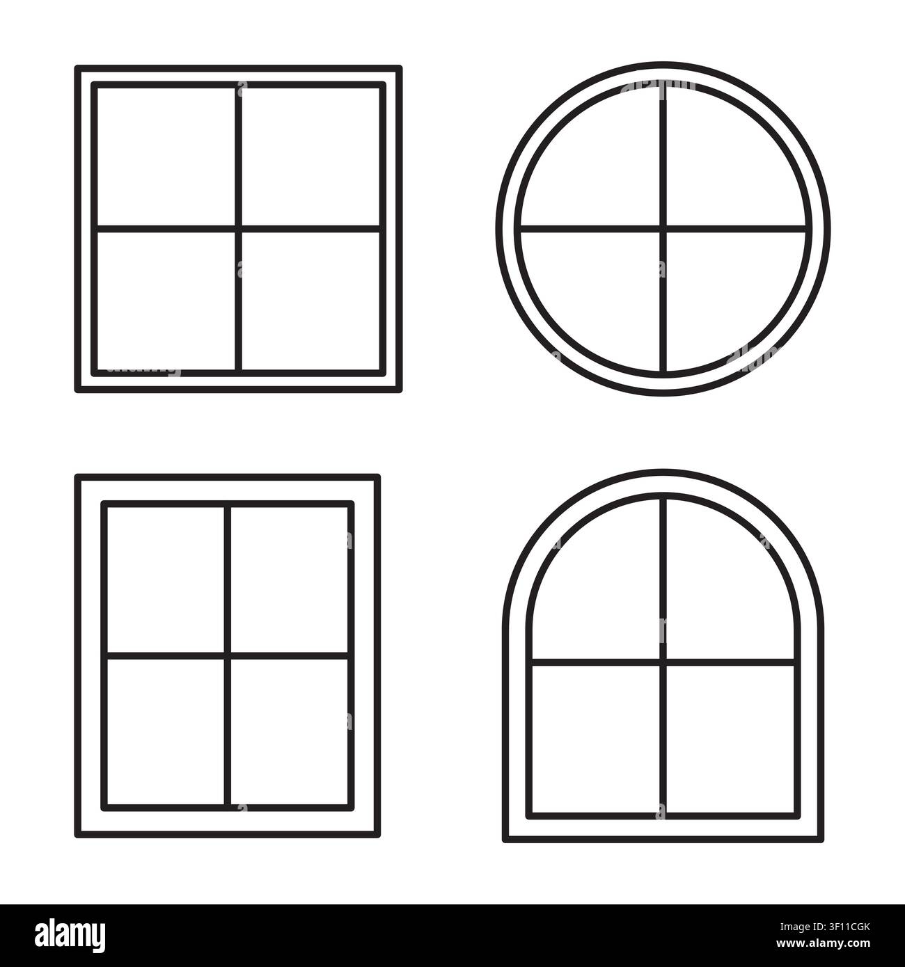 Window frame geometry collection features linear vector set. Enhances residential property architecture projects. Stock Vector