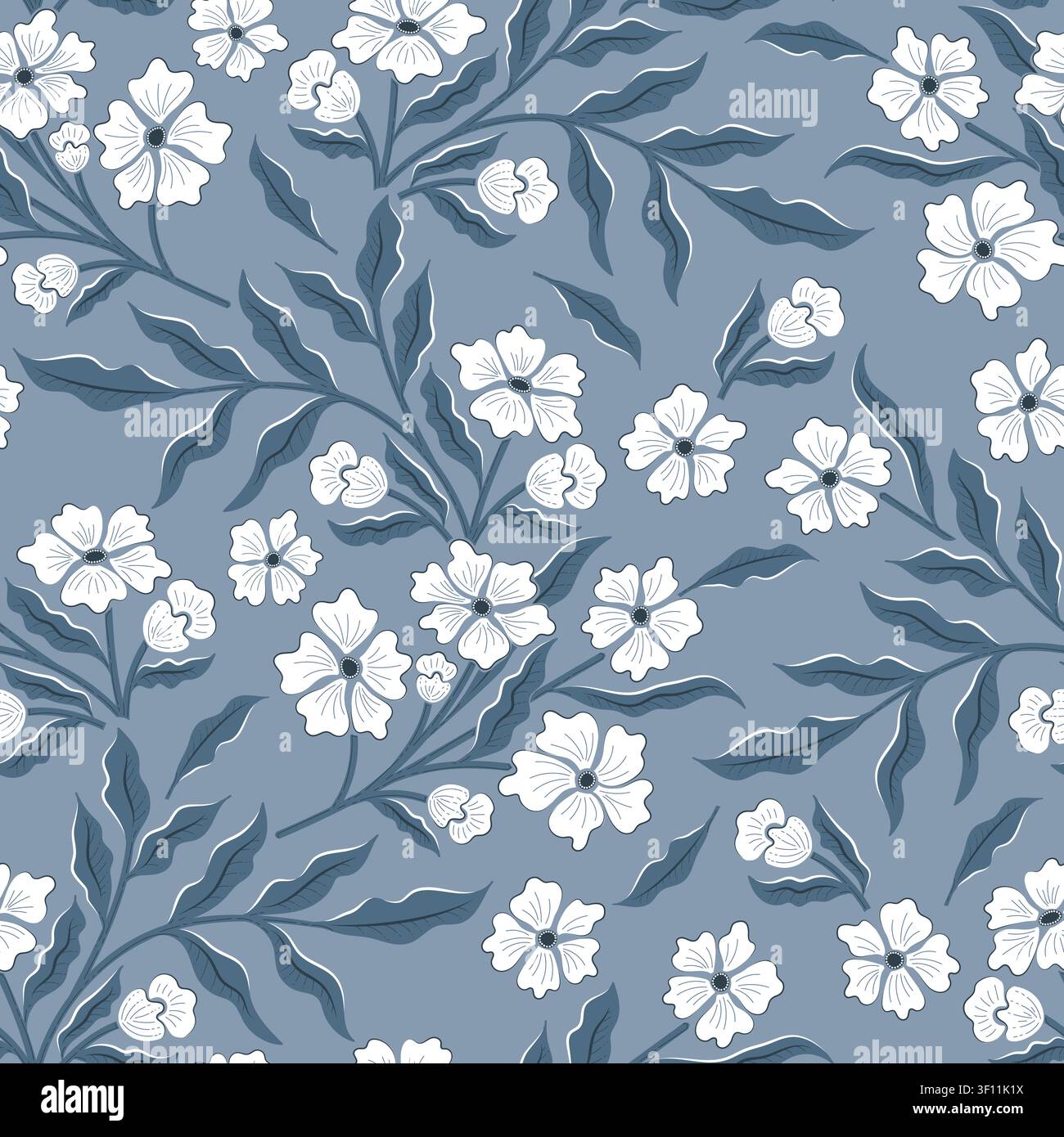 White Floral Seamless Pattern with Dark Blue Leaves Stock Vector