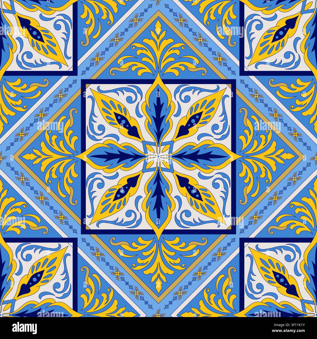 Bright Blue and Yellow Azulejo Tile Seamless Pattern Stock Vector