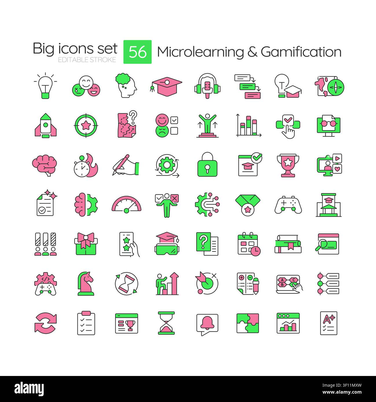Microlearning and gamification line color icons set Stock Vector