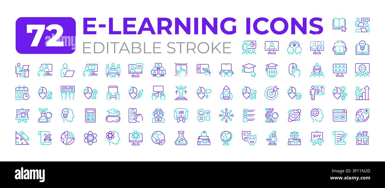 E learning two color line icons set Stock Vector