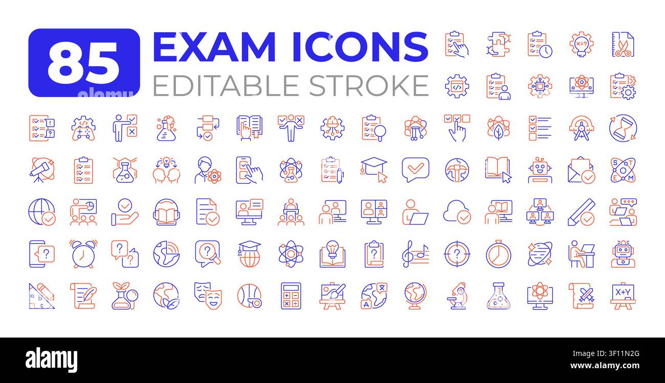 Exam two color line icons set Stock Vector