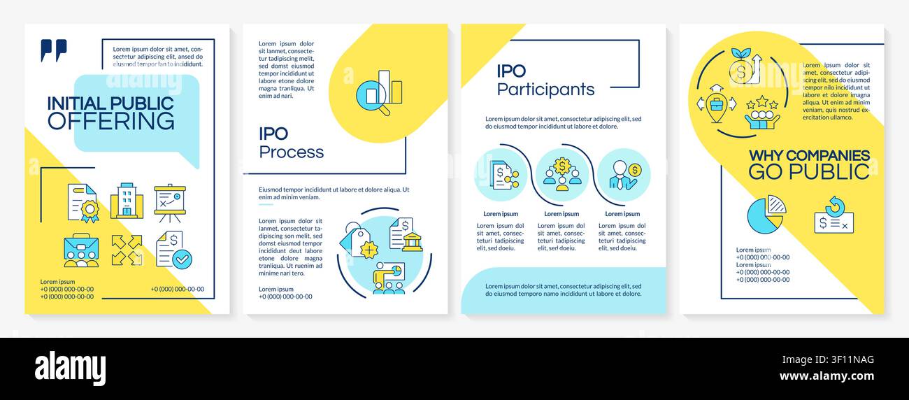 Initial public offering blue and yellow brochure layout Stock Vector