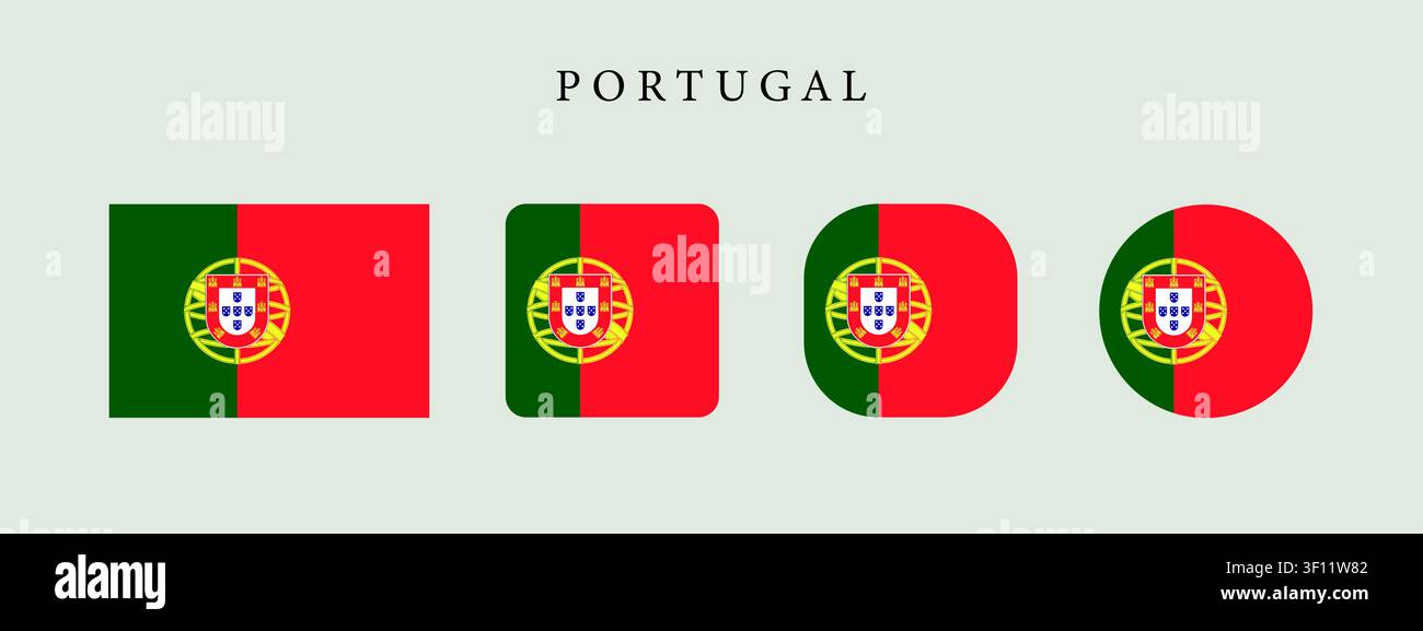 Portugal national flag set in original proportion and different shapes styles. Official Portuguese symbol vector collection Stock Vector