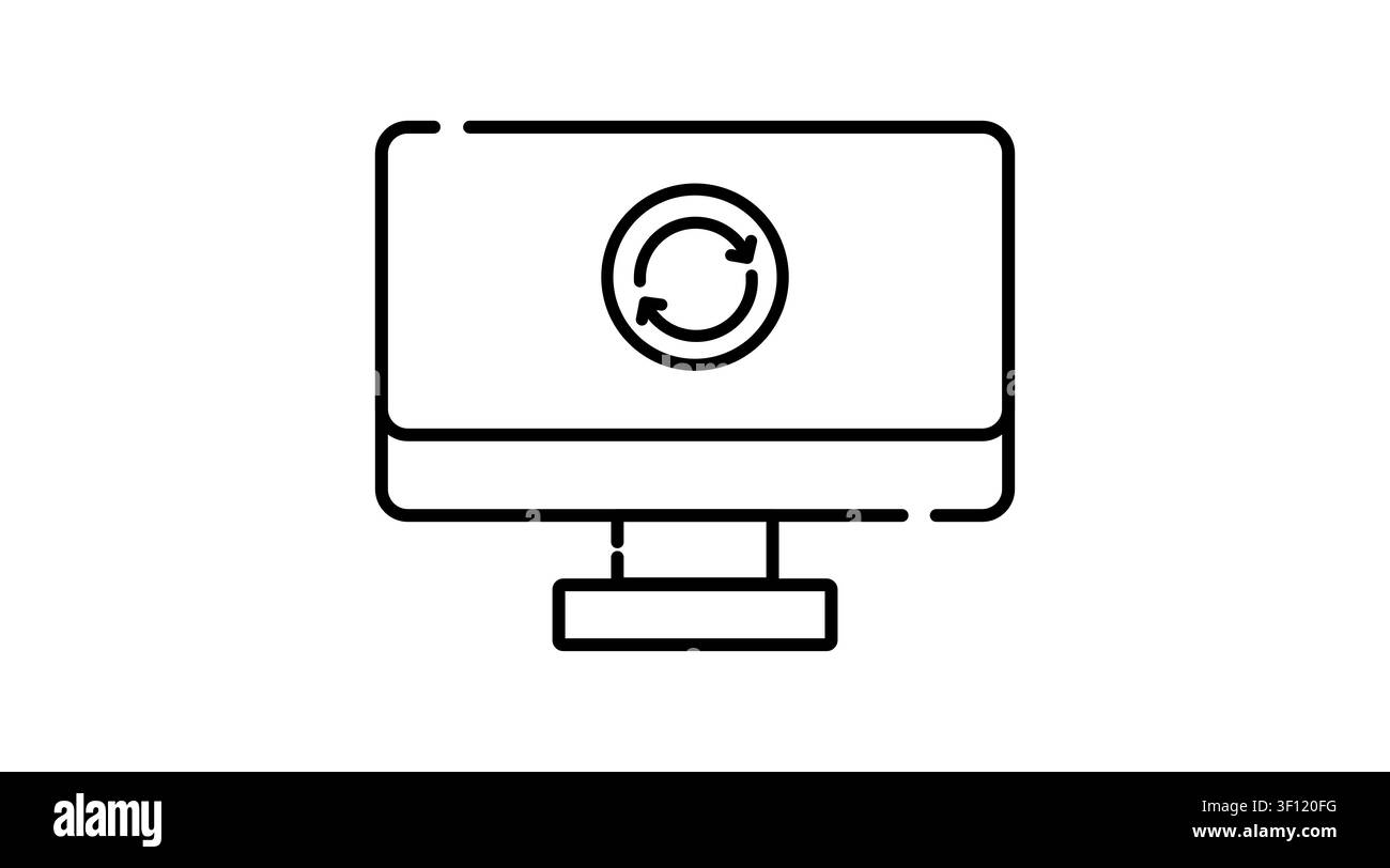 Desktop computer refresh and data sync icon: PC workstation displaying circular reload arrows on screen, minimalist black line art vector illustration Stock Vector