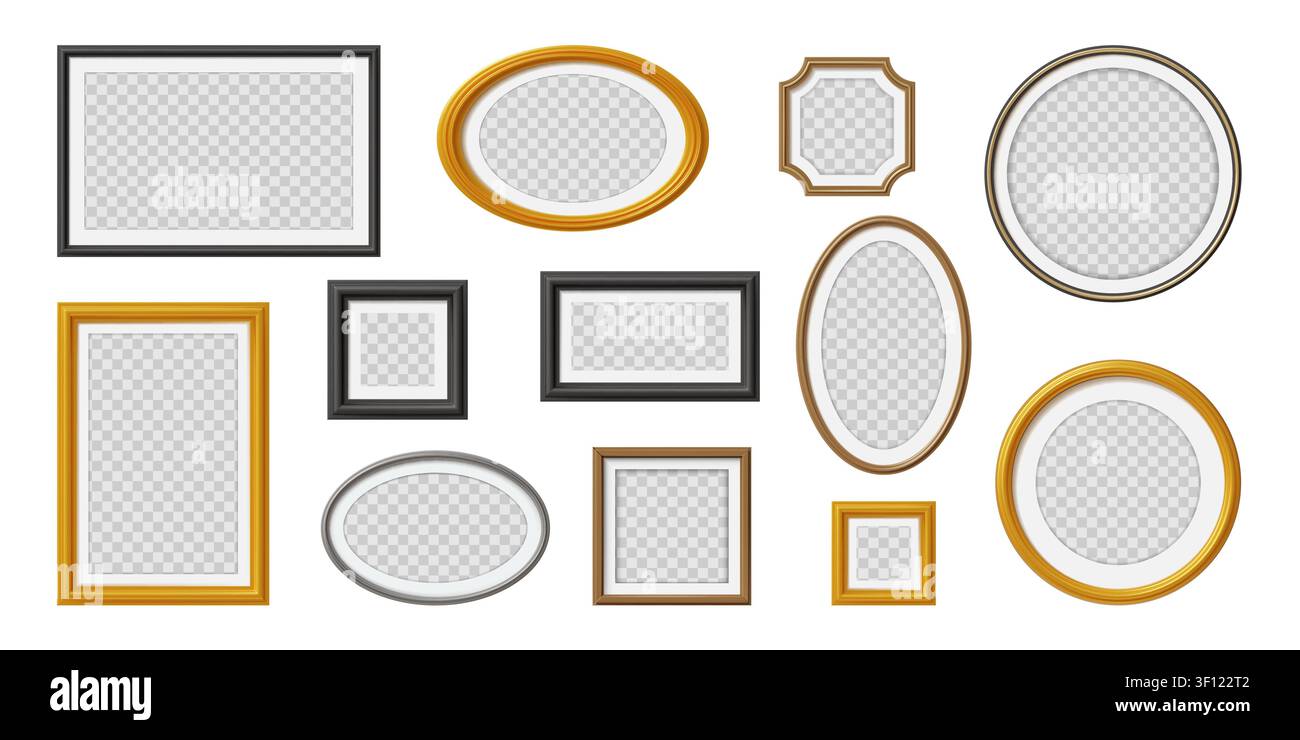 Photo frame. 3d gold or silver mirror for gallery wall, old golden antique border. Black and white baroque art. Rectangular, oval and round borders in classic style, interior decor vector isolated set Stock Vector