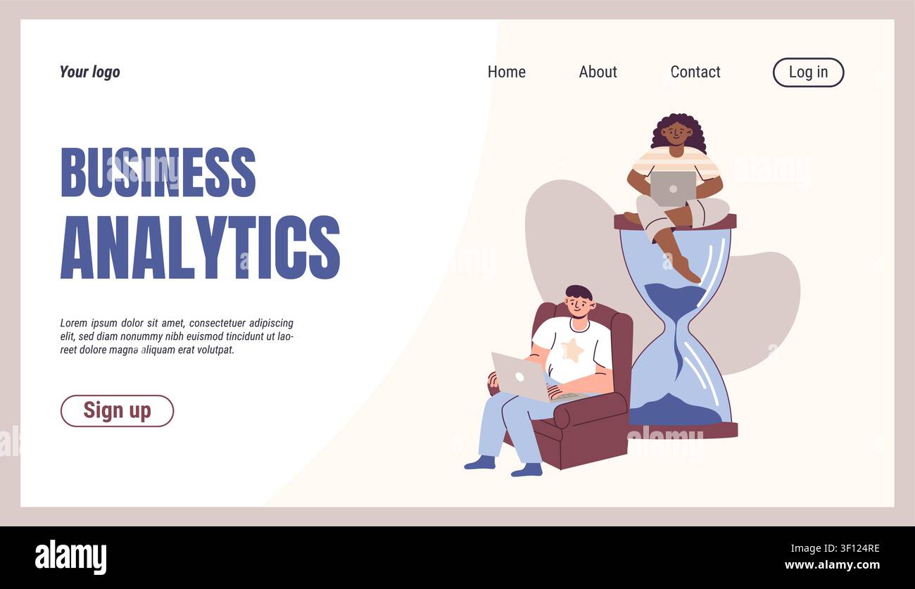 Business analytics landing page. Modern web interface, office people using laptops and hourglass, corporate data analysis service concept. Employee on workplace. Vector cartoon flat illustration Stock Vector