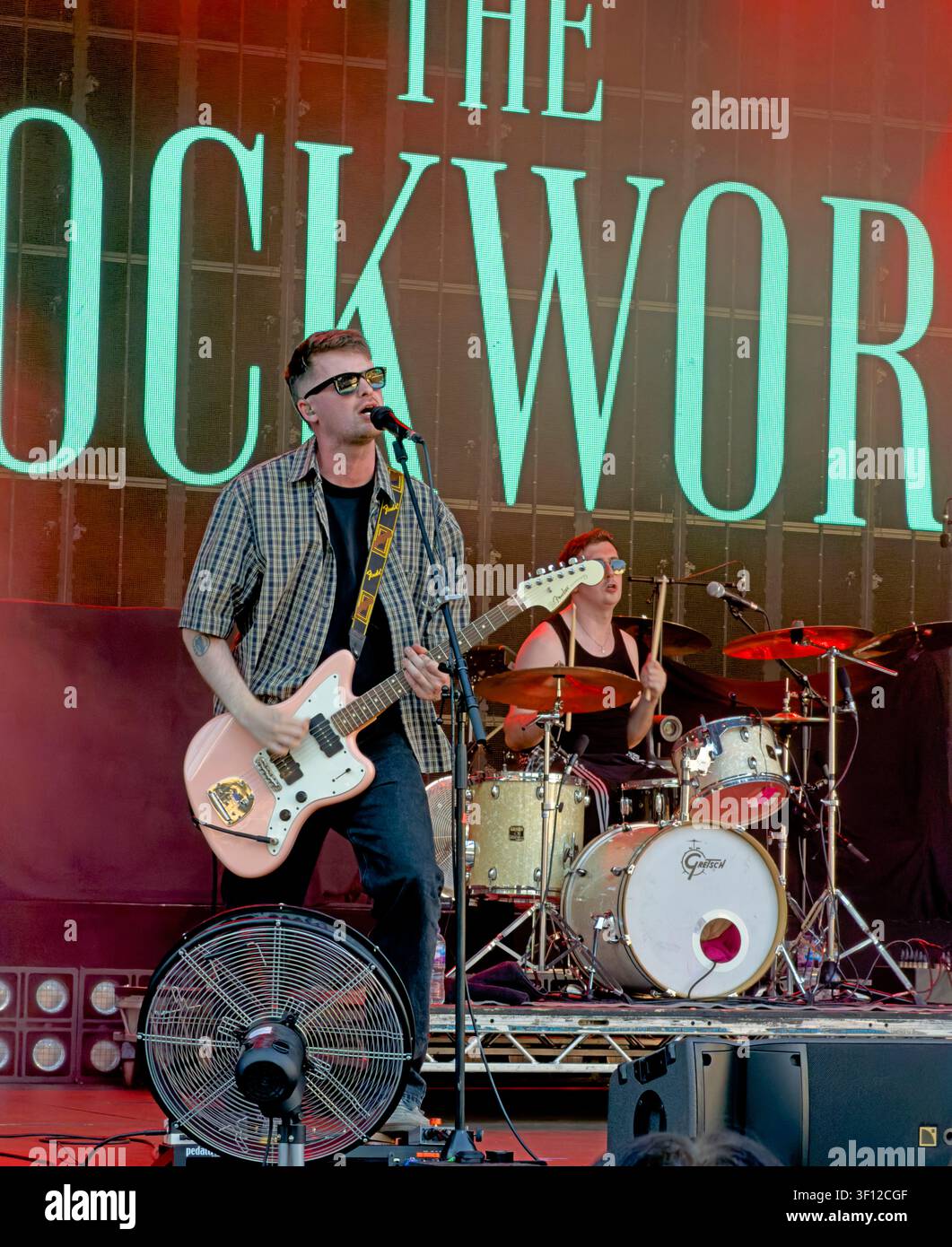 Sean Connelly of Irish post-punk band The Clockworks performs at Castlefield Bowl, Manchester, on 9 July 2026 during Sounds of the City Stock Photo