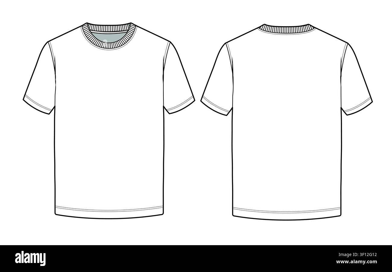 Basic t-shirt front and back view technical drawing vector mockup template. Stock Vector